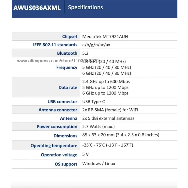 Made in Taiwan ALFA AWUS036AXML MT7921AUN WIFI 6E Tri-band Wireless Network Card
