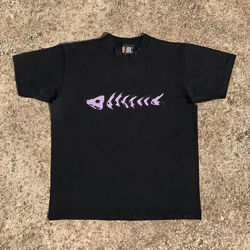 American High Street New Fish Bone Print Small Loose Comfortable Casual Cotton Short-sleeved T-shirt for Men and Women
