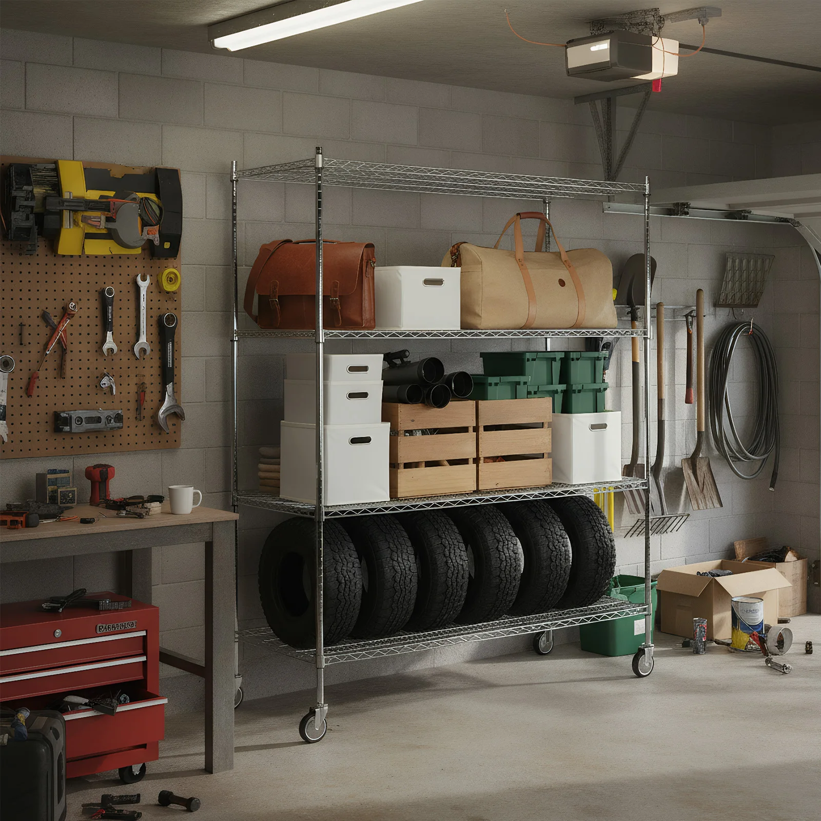 5-Tier 70.87x59.76x23.98in Metaaldraad Rekken met Wielen Opbergrek Organizer voor Magazijn Garage Ziekenhuis Commerciële Ruimte