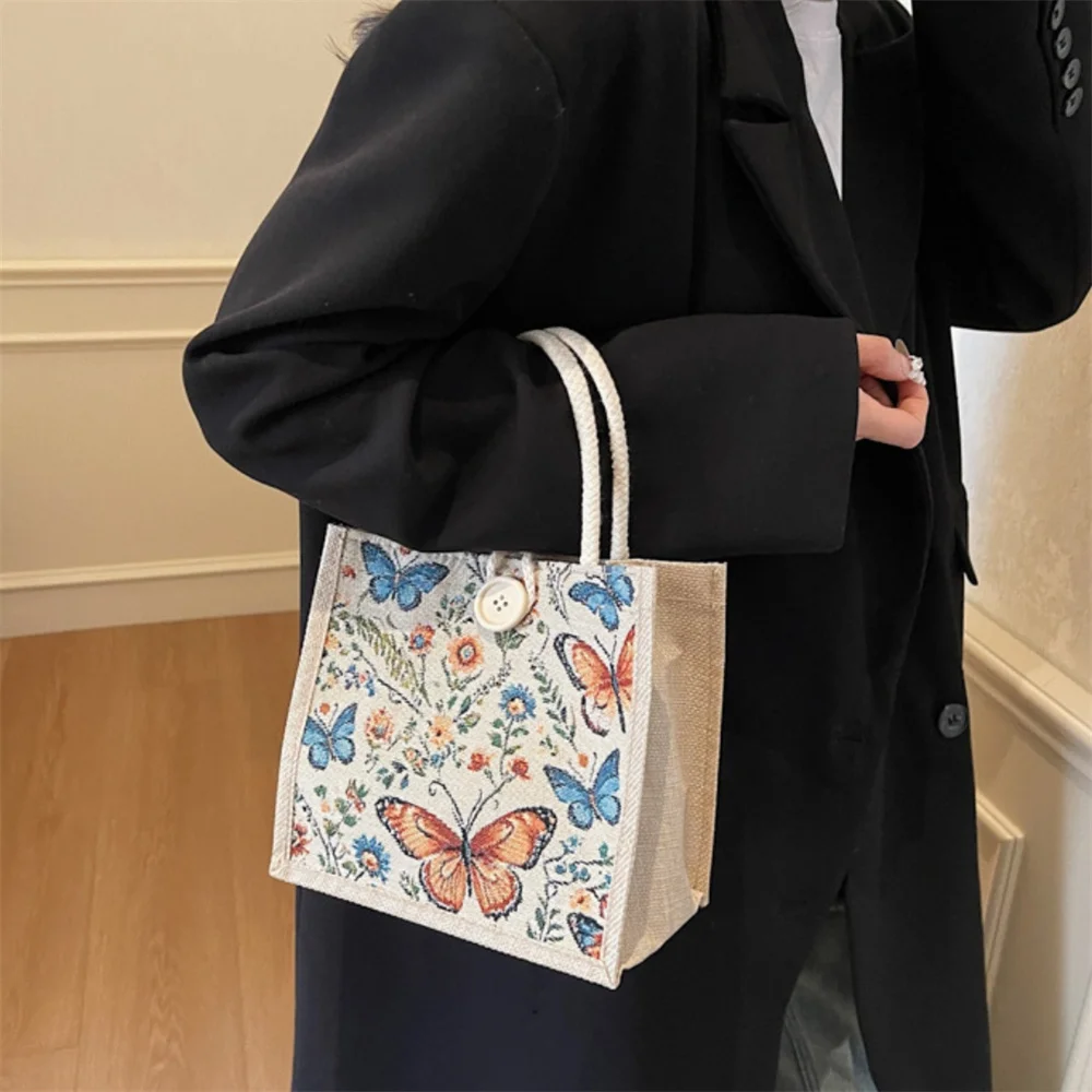Butterfly Printed Canvas Bag Shopping Bag Linen Handbag Eco-Friendly Printed Bag Student Handbag Lunch Box Bento Bag