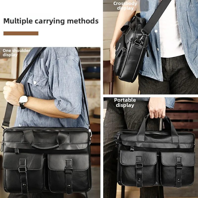 Leather retro large capacity handbag for men high-end style computer bag for business trips genuine leather briefcase
