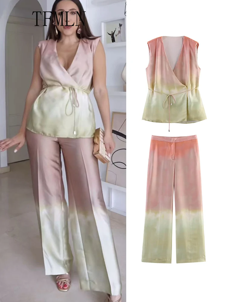 TFMLN 2025 Summer Sweet Women Tie Dye Top Pant Suit Fashion Sleeveless V-neck Lace Up Top Zipper Straight Pant Causal Outfits