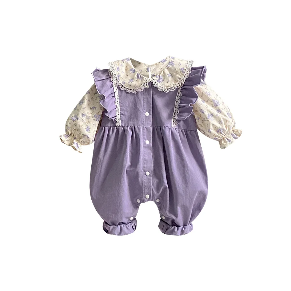 2024 Spring New in Infant Girls Cute Clothing Set 2pcs Kids Peter Pan Collar Floral Top Shirts+jumpsuits Romper Baby 3M-3Y