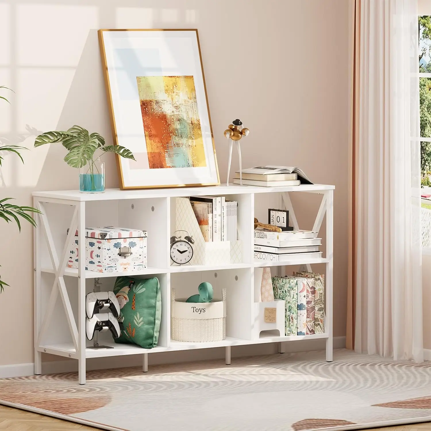 Horizontal Bookshelf Bookcase,6 Cube Storage Organizer with Open Shelf,47 Inch Industrial Low Wide Wood and    Cubby She