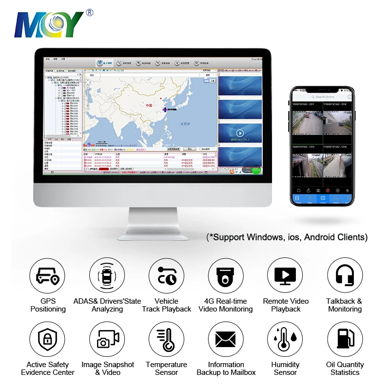 2026 MCY H.265 H.264 Free Cmsv6 Remote Tracking Truck Car Bus Cctv AI Mobile DVR System 4G GPS Wifi MDVR With ADAS DSM