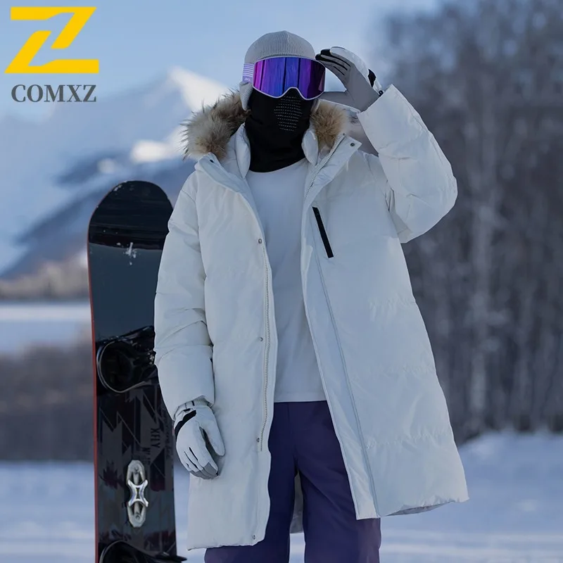 COMXZ Men Long Down Jacket Splicing Hood 90 percent White Duck Down Warm Parka Snow Travel Lightweight Autumn Winter windbreaker