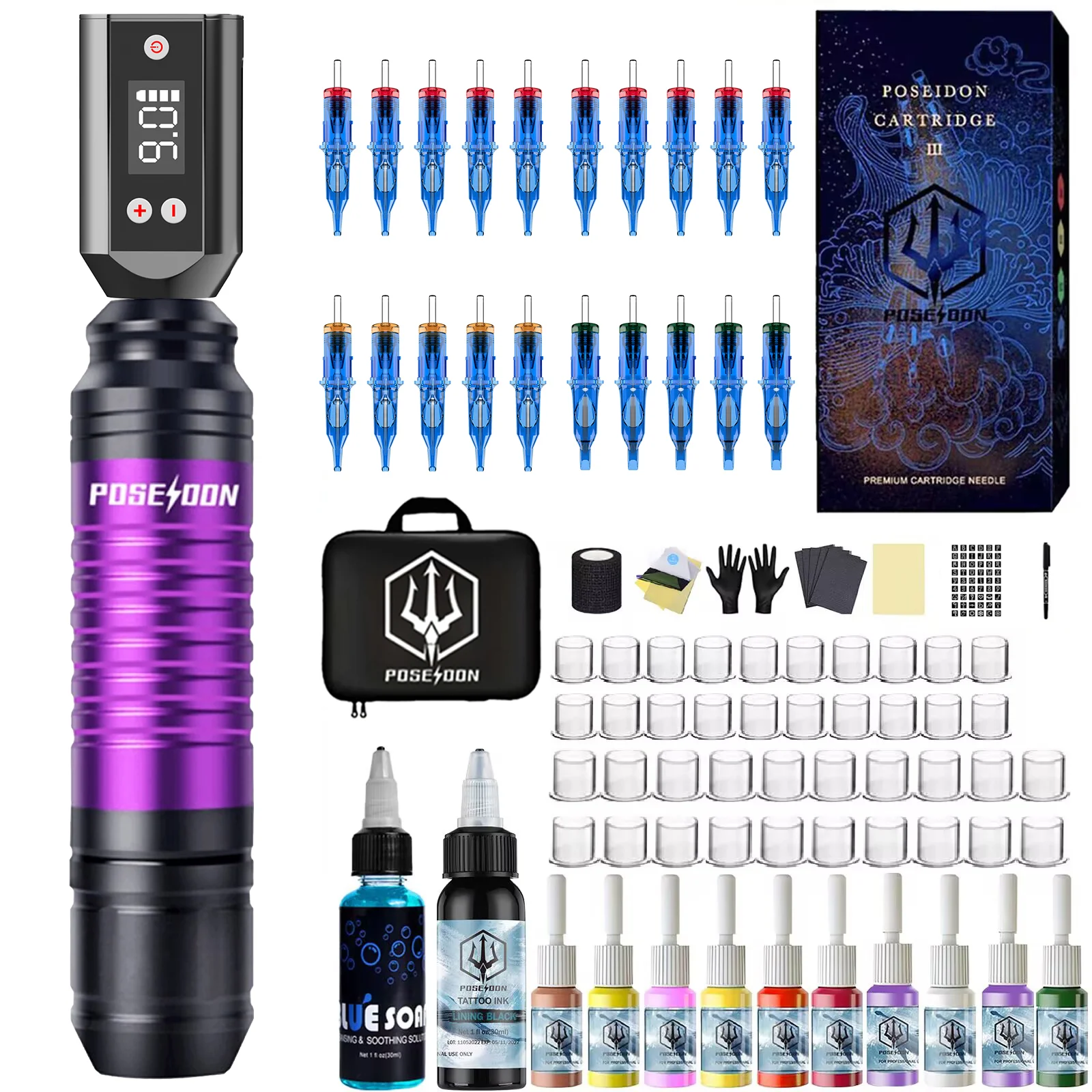 Kit de tatuaje POSEIDON, nuevo Kit de pluma de tatuaje con batería para maquillaje permanente, Kit de máquina de tatuaje, fuente de alimentación de tatuaje caliente, Kit de pistola de tatuaje