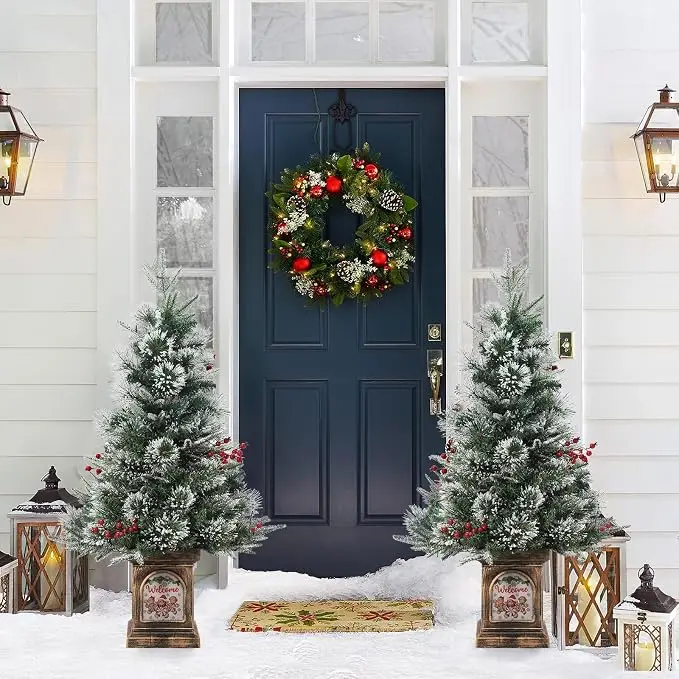 Christmas Tree 3ft Fiber Optic Light-Style Artificial XMAS Tree, Warm White Led, Red Berry Decorations, Snow Effect For Holiday Ready