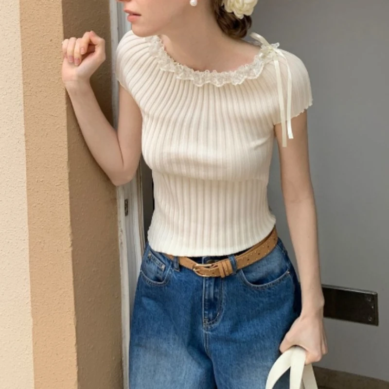 Deeptown Sweet Lace T-shirts Women Elegant Shoujo Girl Aesthetic Knitted Tees Korean Style Coquette Short Sleeve T-Shirt Slim Up