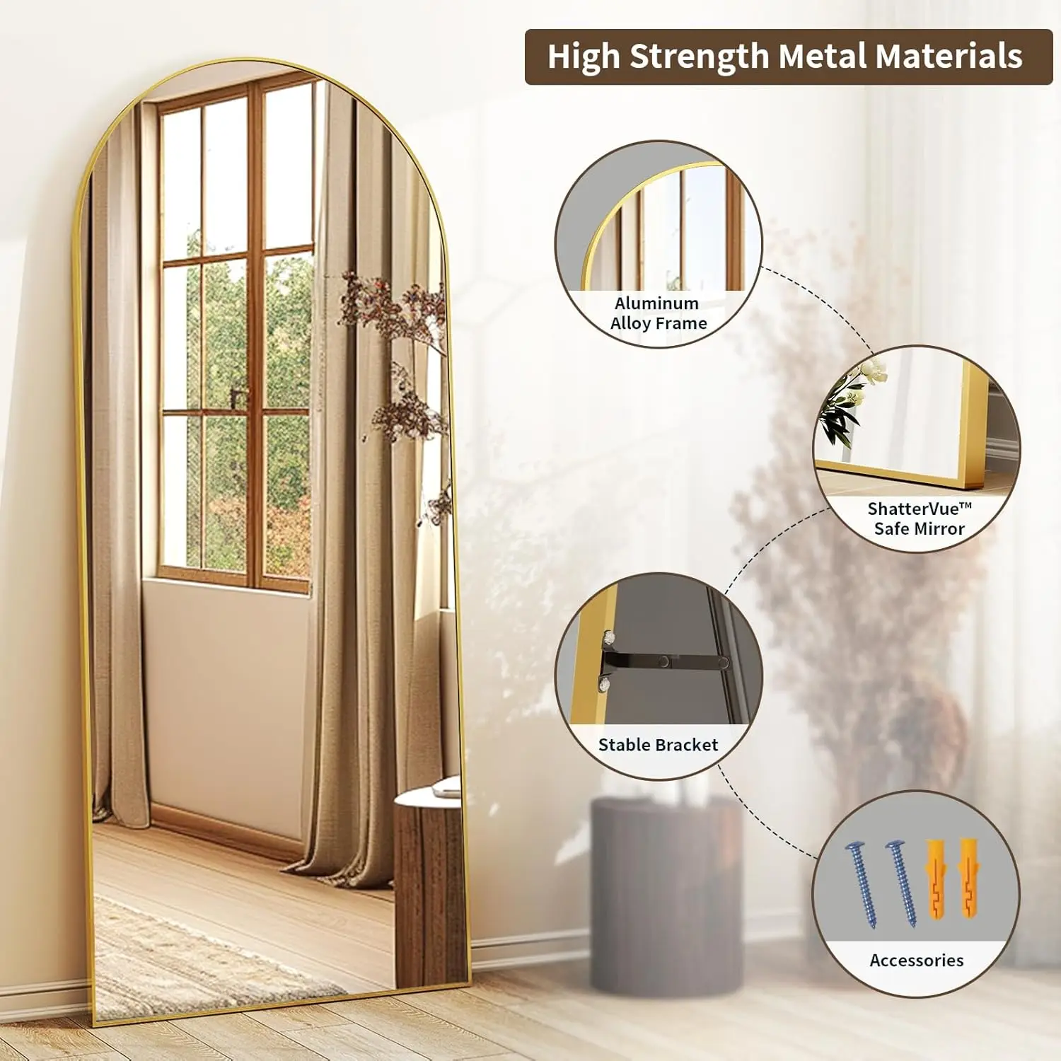 Specchio ad arco a figura intera da 56" con cornice in alluminio, finitura dorata, autoportante o montata a parete per un'elegante arredamento per la casa