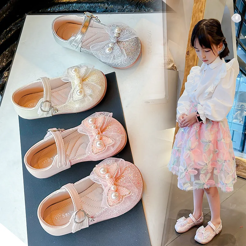 2026 Autumn Fashion Children's Performance Leather Shoe Girls Casual Shoes Peal Princess Baby Sequin Bow Flat Shoes