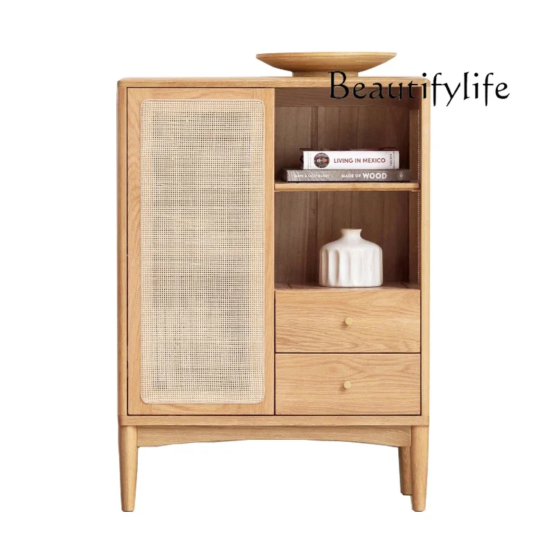 

Solid Wood Rattan Storage Cabinet White Oak TV Side Cabinet Nordic Living Room Small Apartment Background Wall Display Cabinet