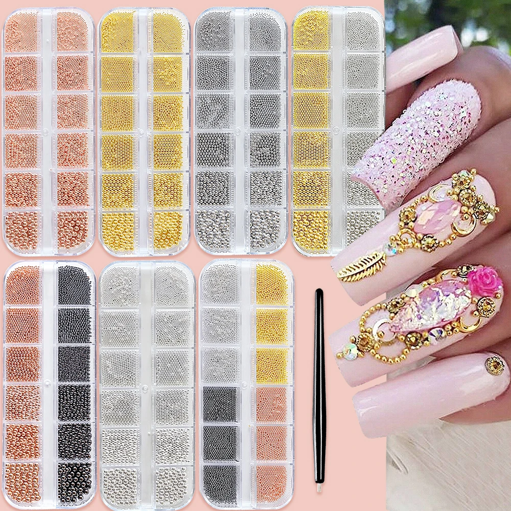 12Grid Mini Caviar Beads Nail Charm Metal Gold/Silver/Black Micro Ball Nail Rhinestone with Magnetic Pen DIY Manicure Decoration