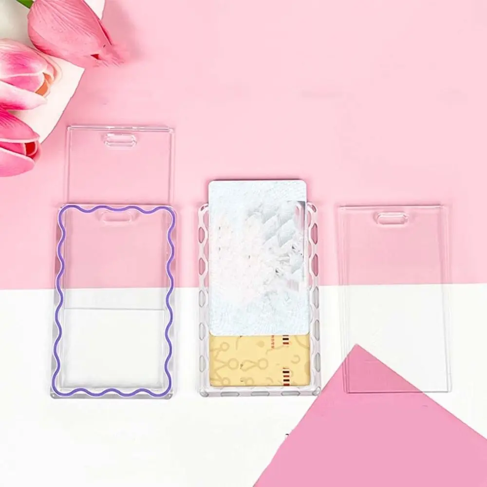Simple Acrylic Transparent Card Holder Keychain Stripe Card Case Keyring Card Sleeve Wave Students Bus Card Cover Office Use
