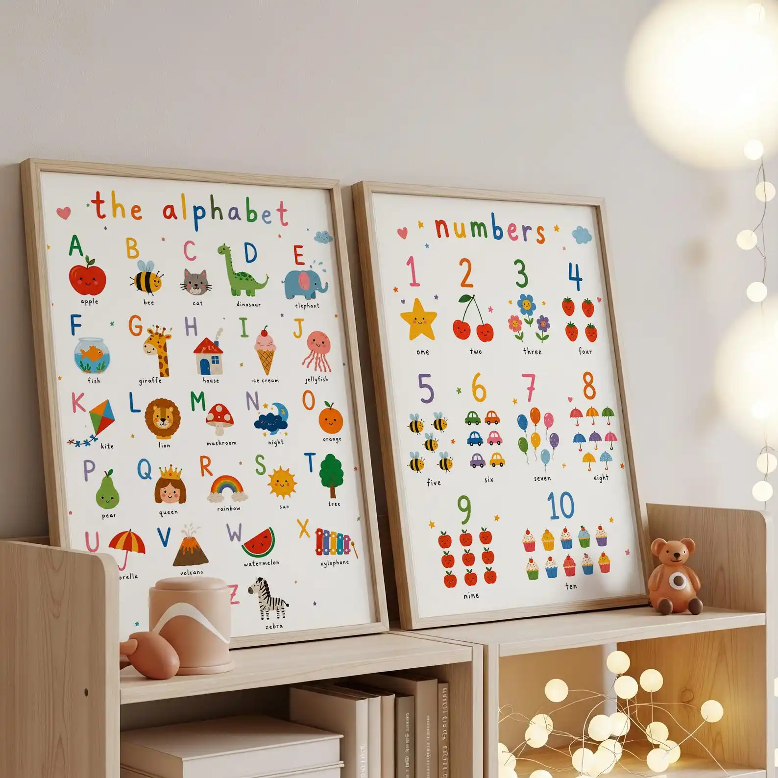 2pcs frameles,Alphabet & Numbers Canvas Wall Art Set of 2, Colorful Fruit Animal Educational Print, Learning Chart Wall Decor Un
