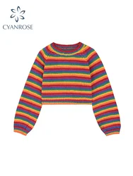 Women Colorful Striped Rainbow Knitted Sweater 2022 Autumn Winter Korean Style Casual Long Sleeve Pullover Female Crop Top