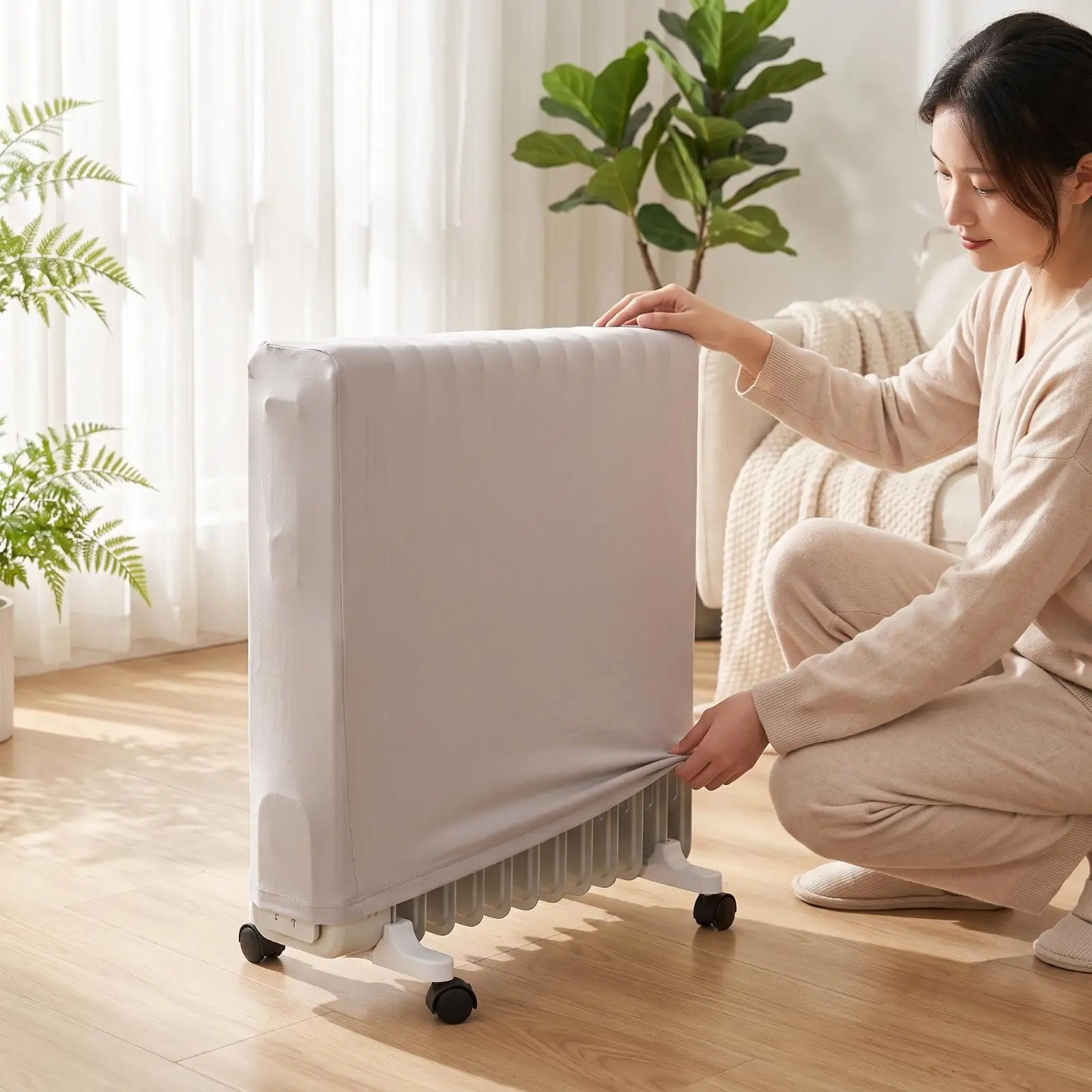 Dust Proof Heater Cover Milk Silk Sleeve for Radiator Storage Drawstring Closure Home Appliance Guard