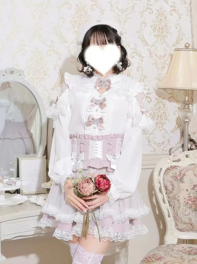 Elegant New Off-shoulder Sexy Lace Ruffles Cute Bow Sweet Long Sleeve Shirt Temperament Girls Peter Pan Collar Versatile Top