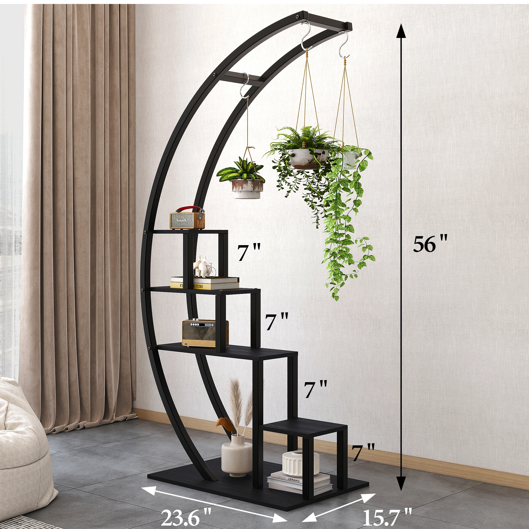 2 Pack  5 Tier Tall Plant Stand Hanging Metal Curved Plant Stand for Indoor Outdoor Patio Balcony