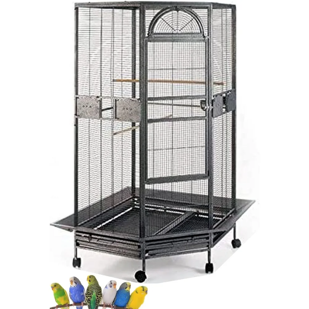 

X-Large Corner Parrot Bird Flight Breeding Wrought Iron Rolling Cage Solid Plated Feeder Doors with Around Metal Seed Guard