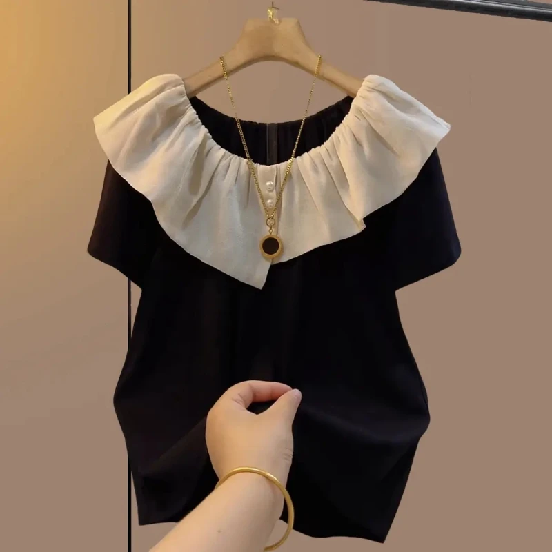 

Summer New Fashion O-neck Loose Ruffles Contrast Patchwork T Shirts Short Sleeve Temperament Tops Casual Vintage Women Clothing