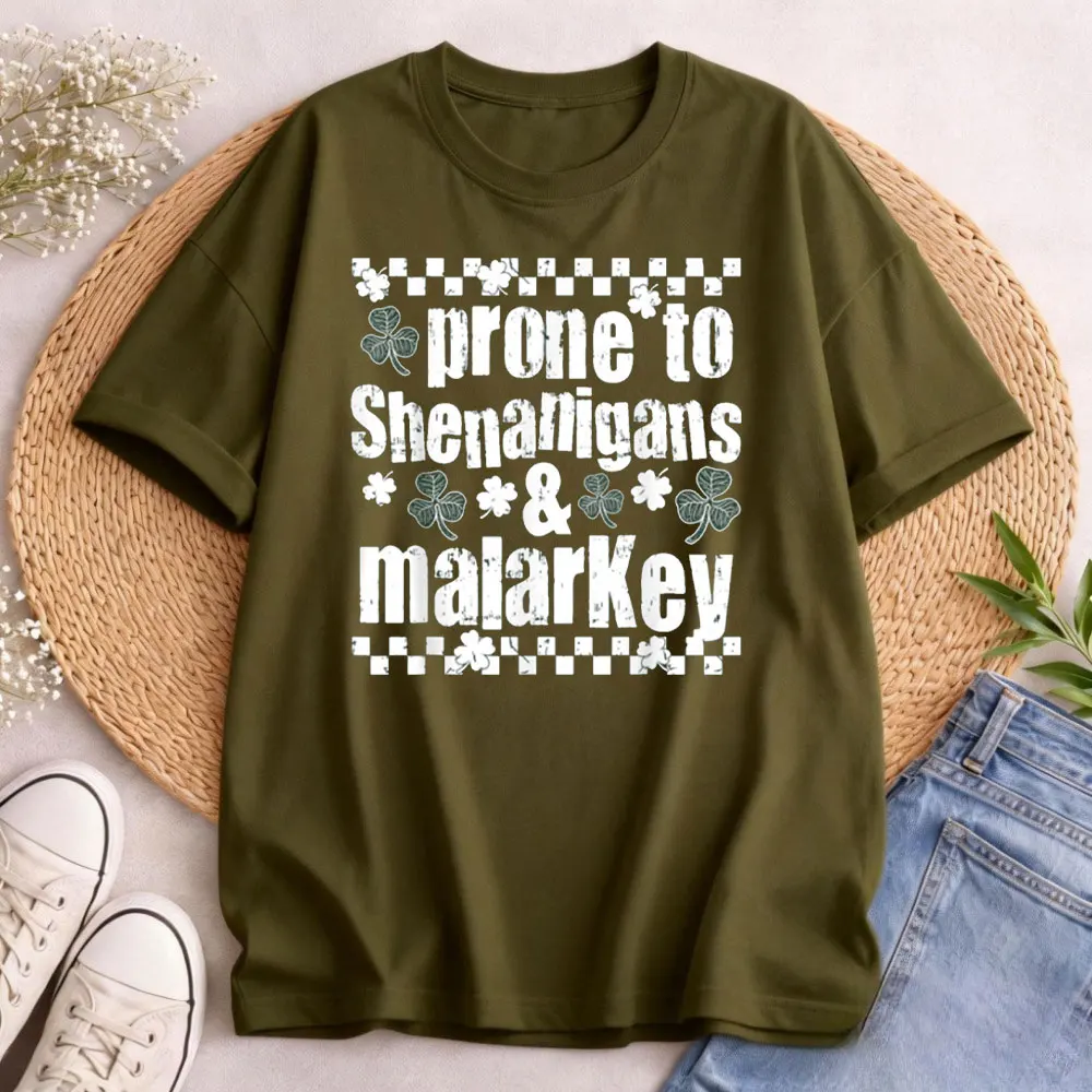 St. Patrick's Day Prone To Shenanigans & Malarkey T-Shirt Funny Shamrock Graphic Tee Irish Print Short Sleeve Casual Cotton Tops