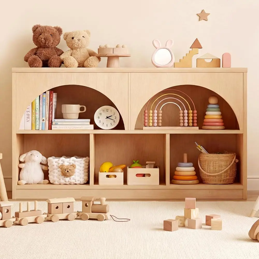 

5-Section Arched Wooden Bookcase for Kids' Storage and Organization in Natural Finish