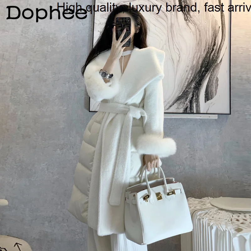 

Big Fur Popular Collar Woolen Patchwork White Women Winter Coat Fashion Belt Waist Long Down Jacket OverCoat