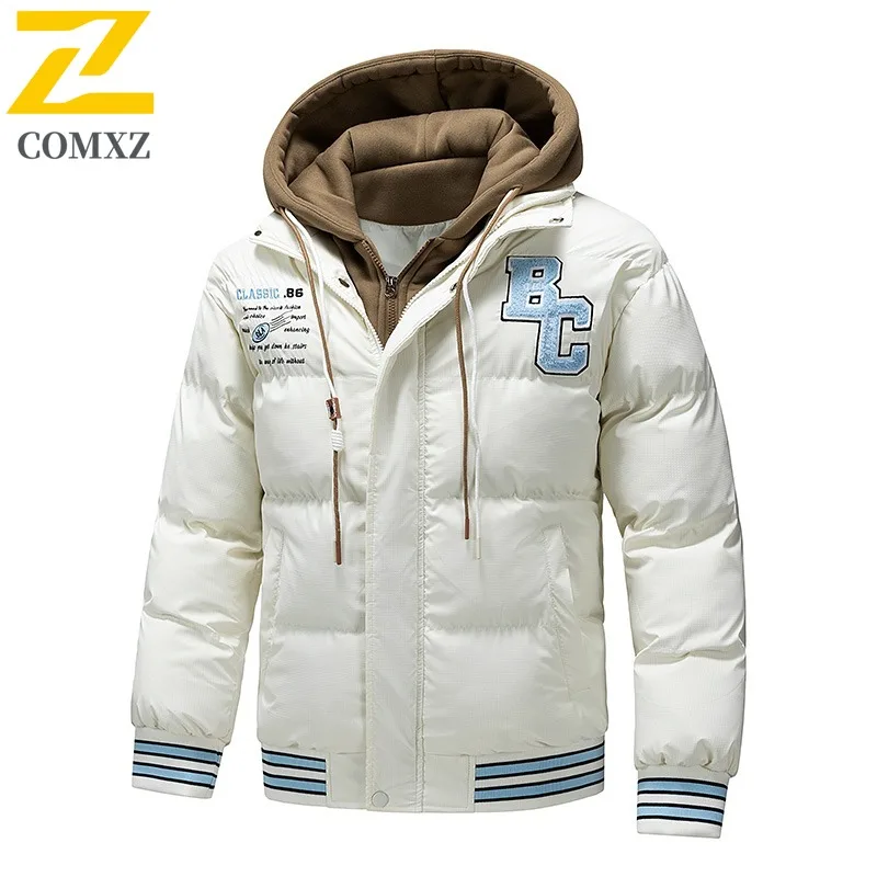 

COMXZ 2025 Mens Fake Two Piece Thickened Hooded Winter American style Jacket Warm Tactics Waterproof and Windproof Outdoor Coat