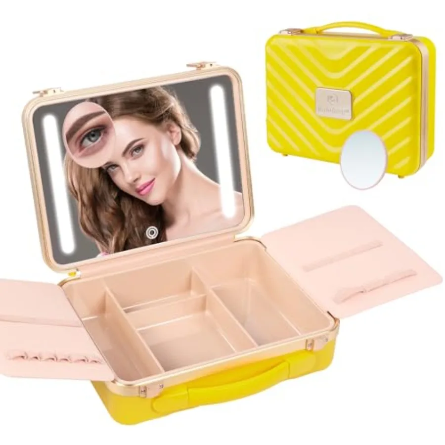 

Travel Makeup Train Cases with Lighted Mirror 3 Color Setting Makeup Bag Cosmetic Case Organizer Adjustable Brightness Portable