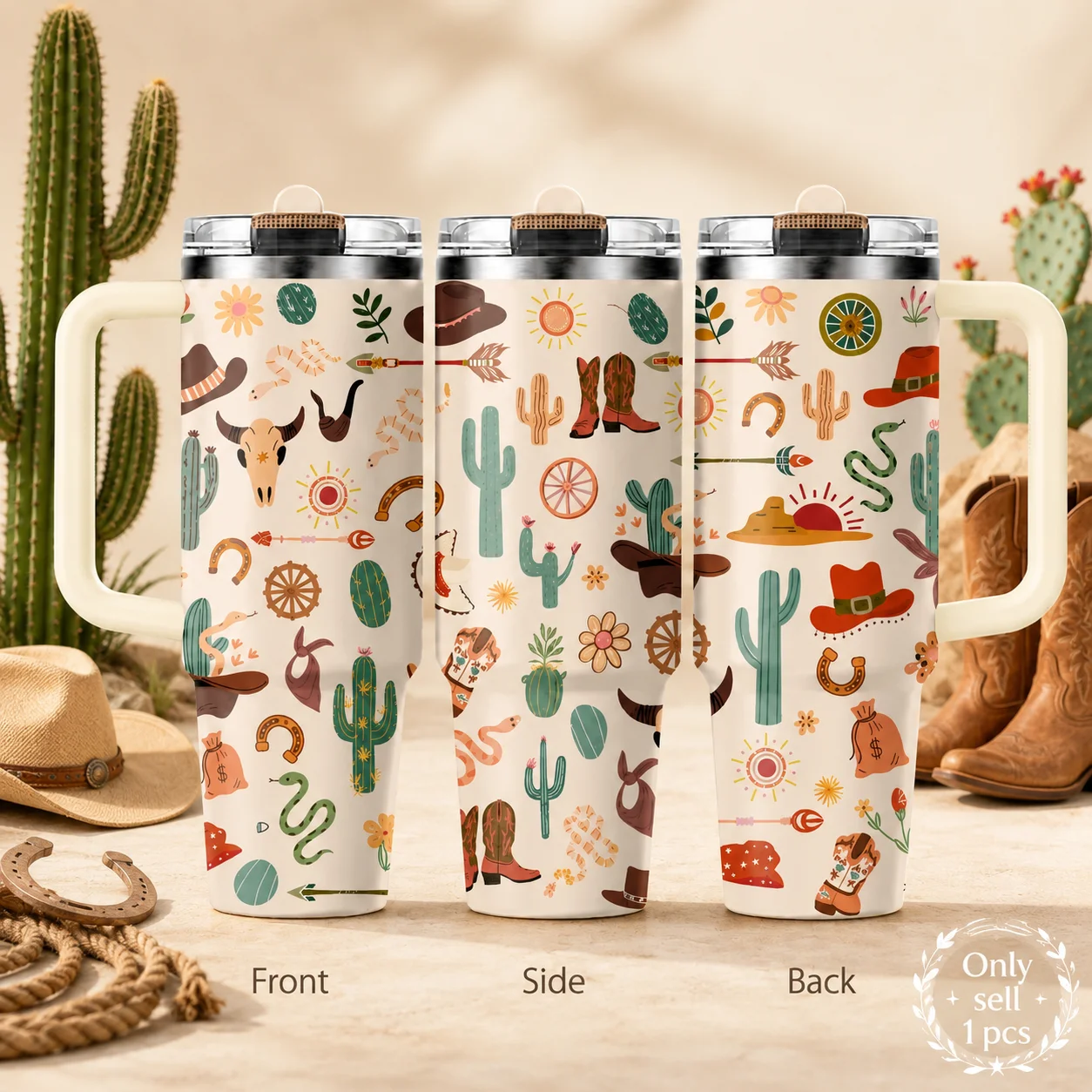 Western Cowboy Cactus Desert Vacuum Flasks 40oz 3rd Gen Vacuum Insulated Stainless Steel Tumbler Cup With Handle Straw Lid