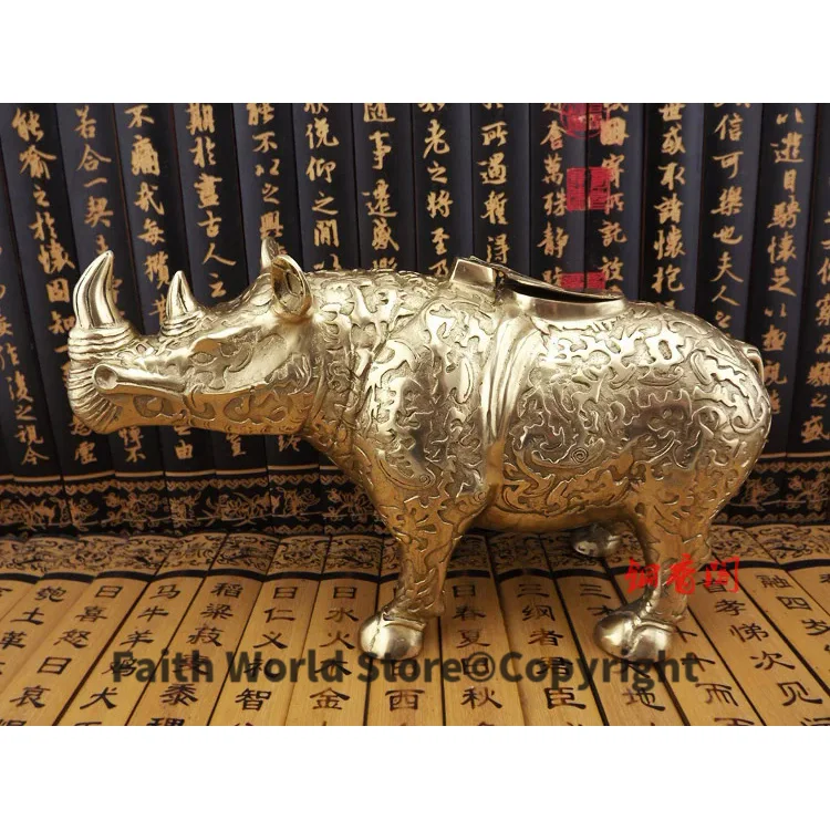 28CM #office Home Room shop bring wealth TOP COOL Mascot Talisman decorative Rhinoceros ART Copper Sculpture statue