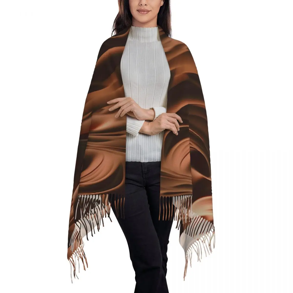 ผ้าพันคอศิลปะนามธรรมลายวนวนช็อกโกแลตเข้มข้น ผ้าพันคอผู้หญิงพร้อมพู่ห้อย ผ้าคลุมไหล่ยอดนิยมสำหรับฤดูหนาว ผ้าพันคอและผ้าคลุมไหล่ที่ให้ความอบอุ่น ผ้าพันคอแบบ Bandana