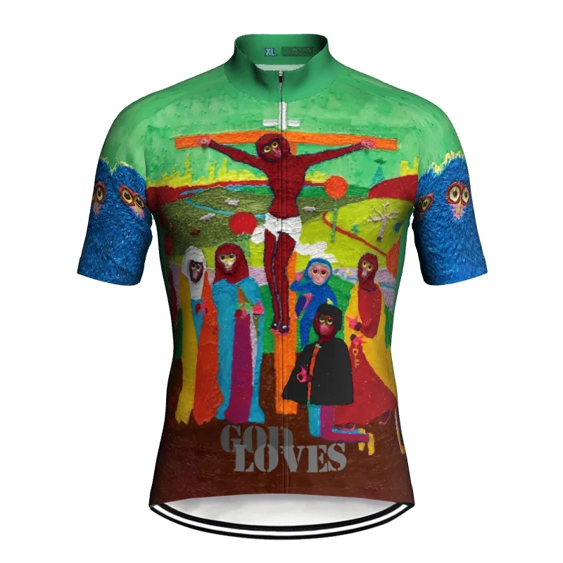 Outdoor Short Sleeve Road Cycling Jersey Bicycle Jacket Church Jesus God Bible Shirt Clothes Bike Anti-Slip Downhill Pocket Top