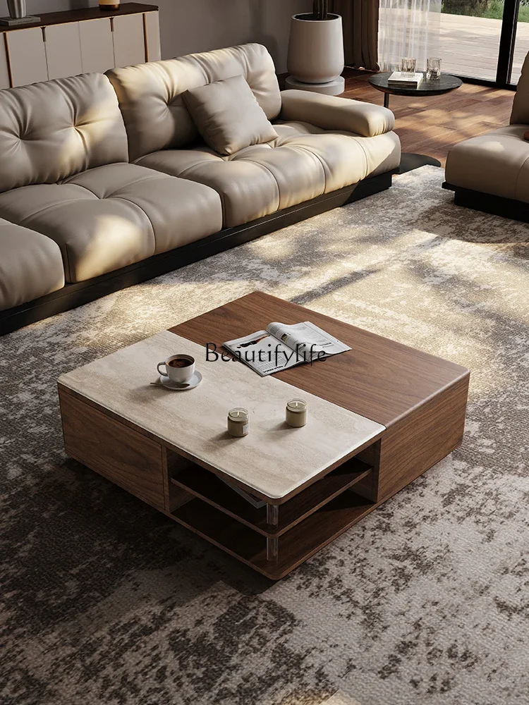 Black walnut Nordic modern simple liftable all solid wood storage coffee table square rock slab