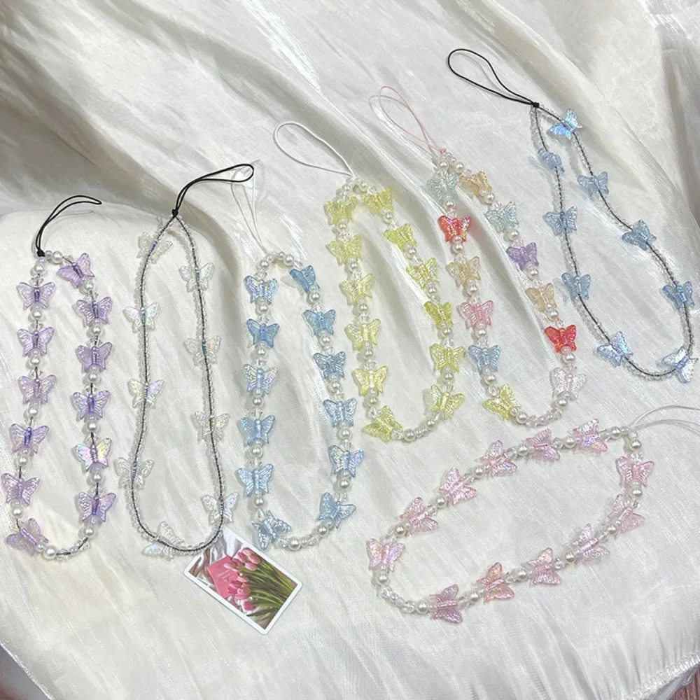 

Butterfly Beaded Butterfly Cellphone Lanyard Anti-lost Crystal Clear Candy Colors Cellphone Keychain Kawaii Colorful