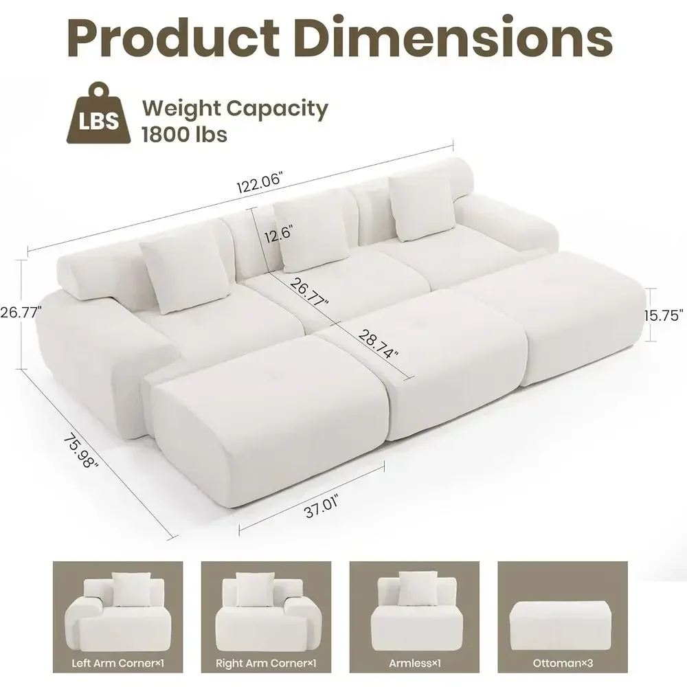 L-Shape Cloud Sofa with Corduroy Upholstery, Deep Seating and Movable Ottoman, Ready to Use, Suitable for Living Room, Bedroom,