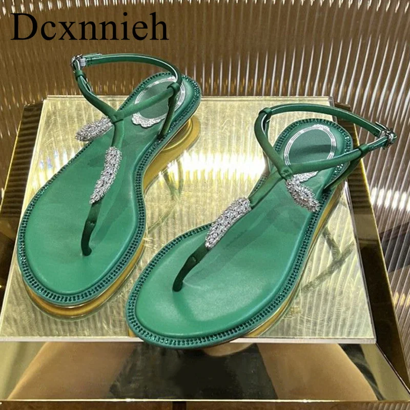 

New Women's Thin Band Rhinestone Decor Roman Sandals Satin Finish Flip Flops Flat sandals Summer Outdoor Vacation Beach Shoe