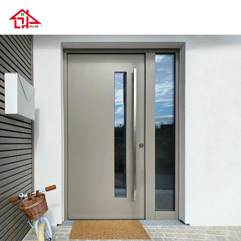 

Современная алюминиевая передняя дверь с вертикальной стеклянной панелью, внешняя входная дверь гладкого дизайна, звукоизоляционная защитная дверь