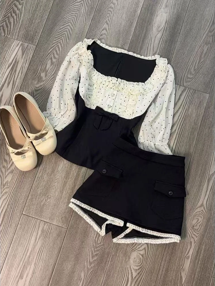 Korean Sweet New Two Piece Set Women Puff Sleeve Ruffle Top + Bow Print Layered Skirt Suit Chic White Kawaii Girl Outfits 2025