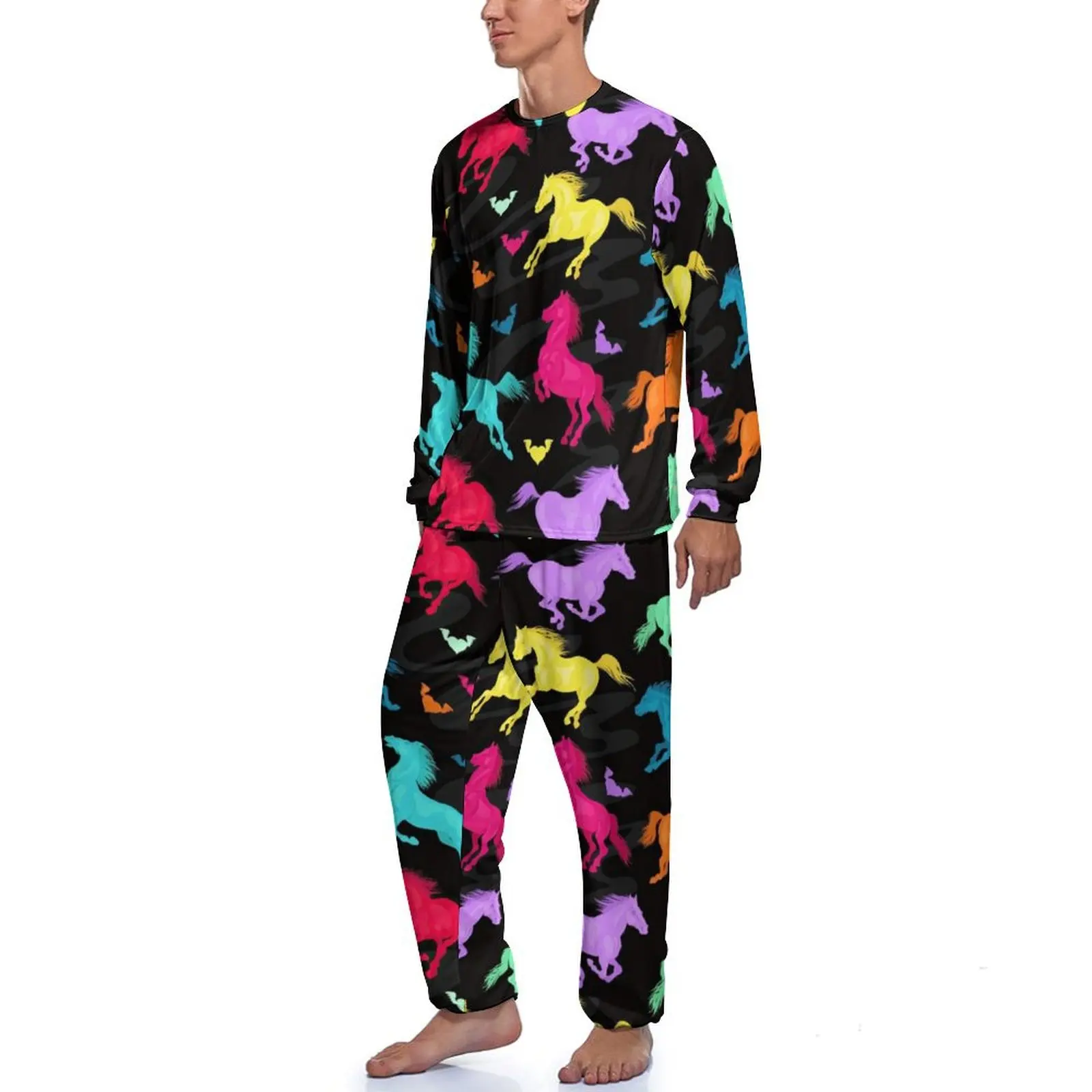 Colorful Running Horse Pajamas Long Sleeve Cute Animal Print 2 Piece Aesthetic Pajamas Set Autumn Male Graphic Cute Nightwear