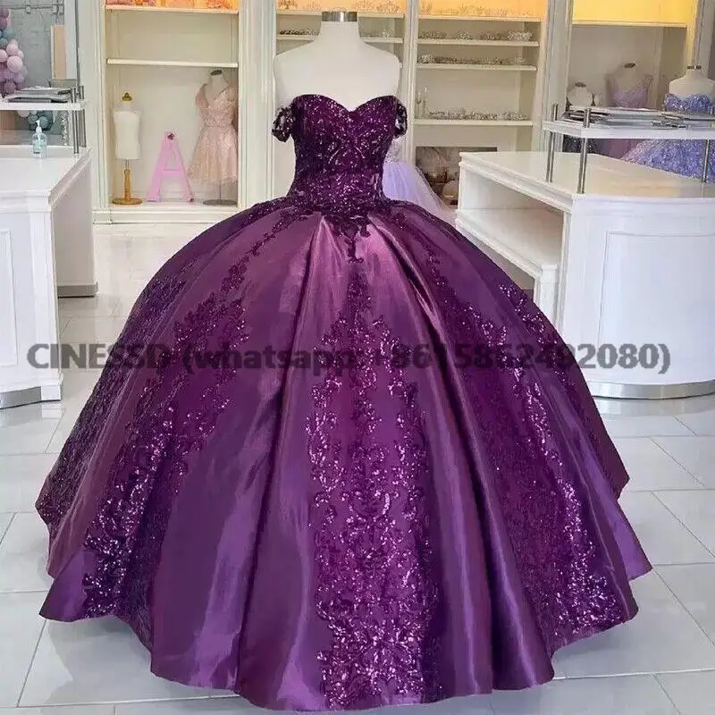 

Purple Sequins Lace Ball Gown Quinceanera Dress 2023 Off Shoulder Vestidos 15 anos Corset Plus Size Sweet 16 Gowns