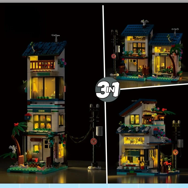 MOC 3 in 1 シーサイドホリデーヴィラ 組み立てブロックセット バケーションビーチ ホリデーハウス DIY おもちゃ 子供 誕生日 特別な日 ギフト