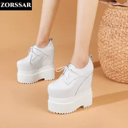 Super High Heel 18cm Platform Wedge Sneakers Chunky Shoes Genuine Leather Women Shoes Spring Autumn Walking Sneakers Fashion