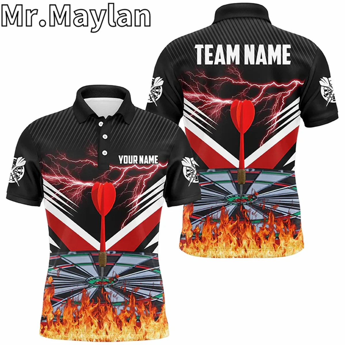 Personalized Red Flame Lightning Darts Board 3D Darts Polo Shirt For Men And Women Darts Team Jersey Gift For Darts Players Tops