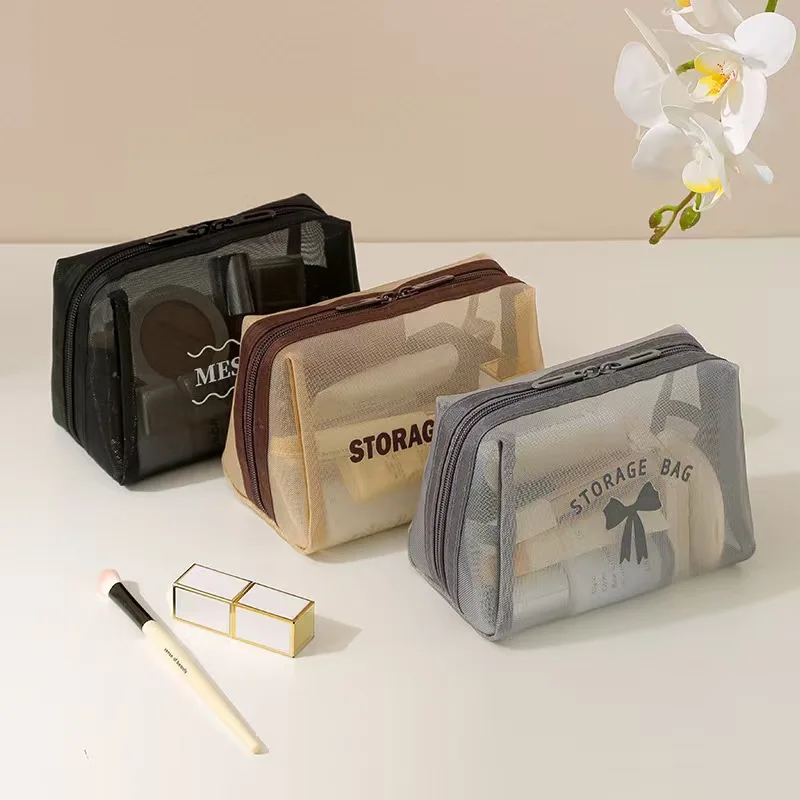 Portable See Through Nylon Mesh Toiletry Bag Double Zipper Cosmetic Pouch Water Resistant Travel Storage Organizer