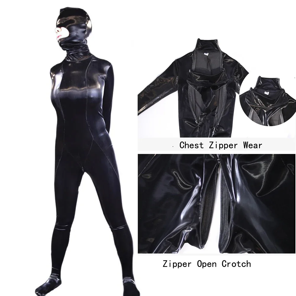 

3Pcs/Set Zentai Straitjacket PU Latex Faux Leather Jumpsuit Zipper Open Crotch Chest Piece Pants Bodysuit Fashion Show Jump Suit
