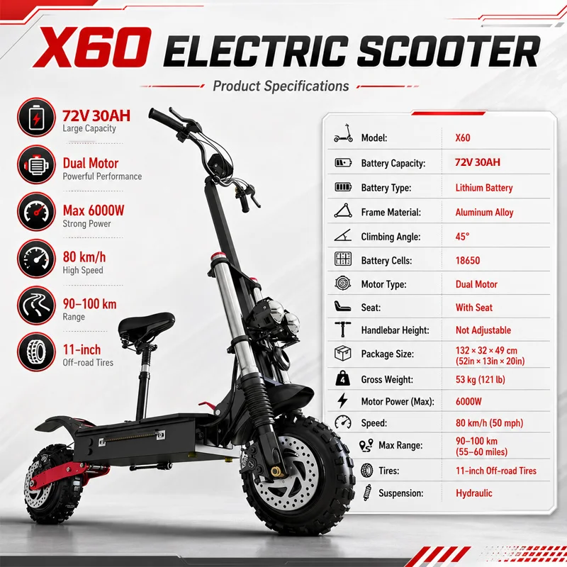 【7 Models】1200W-6000W Electric Scooter for Adults 45-85KM/H Max Speed Single/ Dual Motor 10inch/11inch Tubeless Tire E Scooter 3