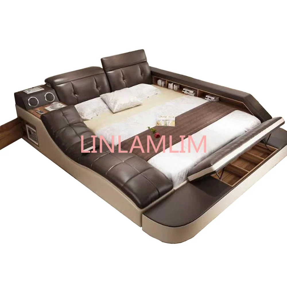 MINGDIBAO Genuine Leather Tech Smart Bed Multifunctional Beds Frame Ultimate Tatami Lit Massage Camas with Bluetooth, Speaker