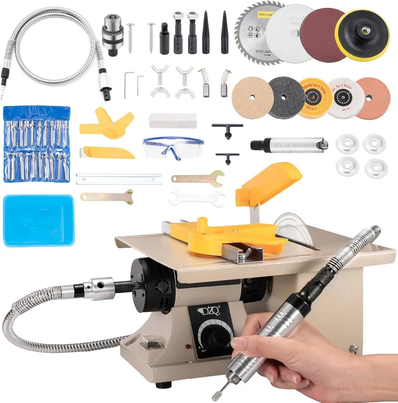 

69Pcs Accs Mini Table Saw Jewelry Making Polisher w/Flex Shaft Multifunctional Bench Grinder Sander Buffing Machine Woodworking